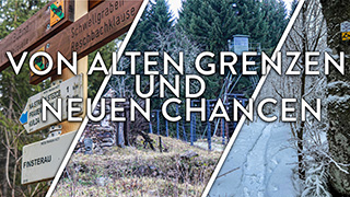Bild-Collage aus drei Bildern mit Waldbahn-Gleisen, Waldwildnis und Reschbachklause