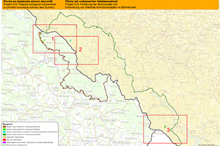 Übersichtskarte mit Auswahl der Standorten zur Lebensraumverbesserung und Markierung der Kartenausschnitte 1 - 3